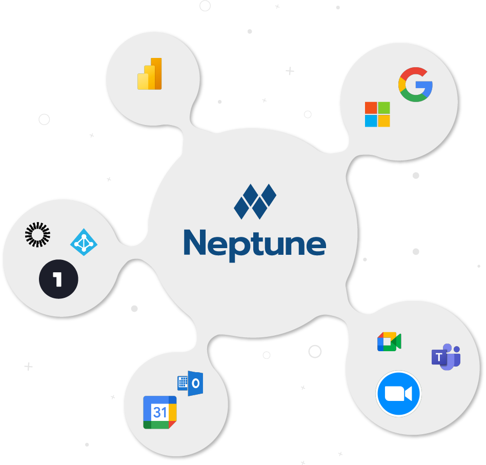 Neptune logo in a dark blue sphere with the logos of the integrating software around it