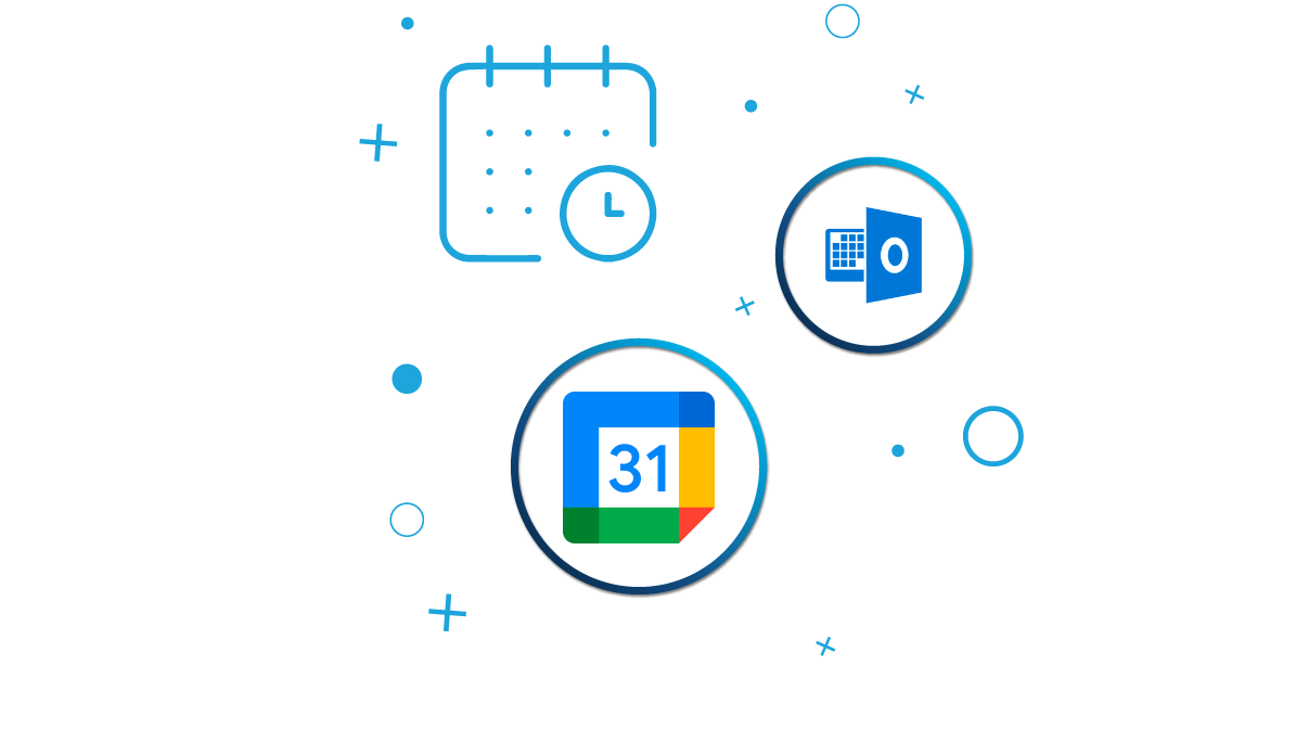 Calendar icon surrounded by the Microsoft Outlook logo and Google Calendar