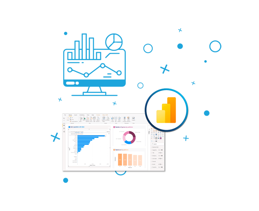 Analytical charts icon with a screen and the Power BI software logo