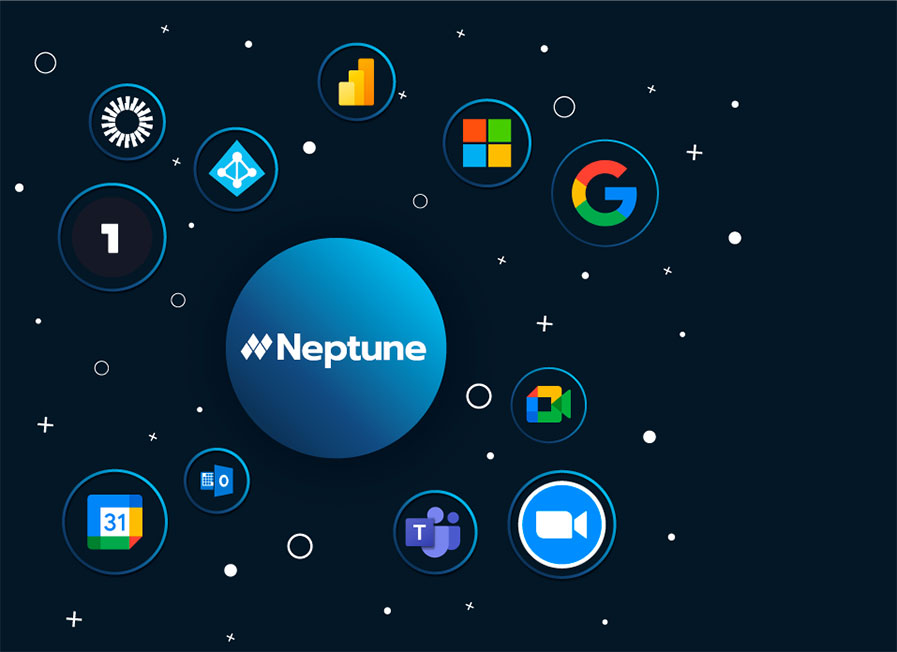 Neptune floating in a central blue sphere with the logos of the brands that integrate with our system surrounding it in smaller hollow spheres.