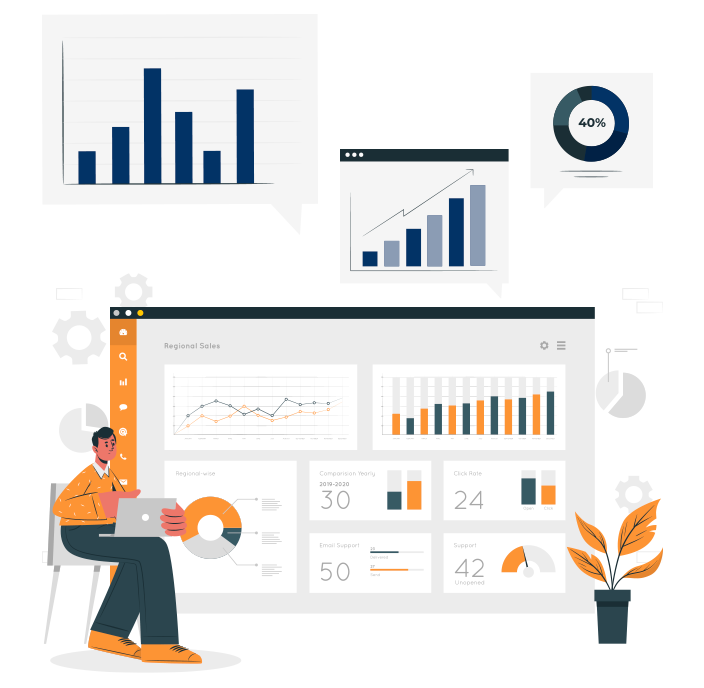 Illustration depicting a person analyzing data on graphs.